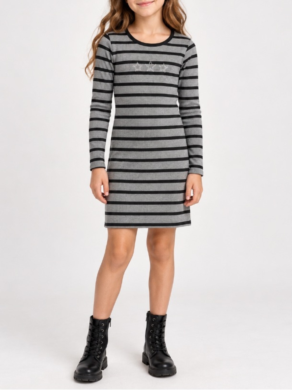 Zara Gray & Black Striped Shimmer Dress with Sparkling Star Detail